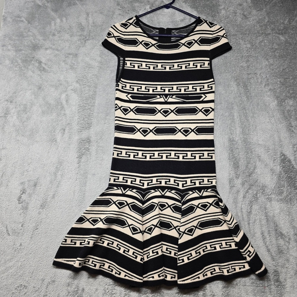 Alice +‎ Olivia Geometric Greek Key Knit Mini Dress Small Black/Cream Drop Waist